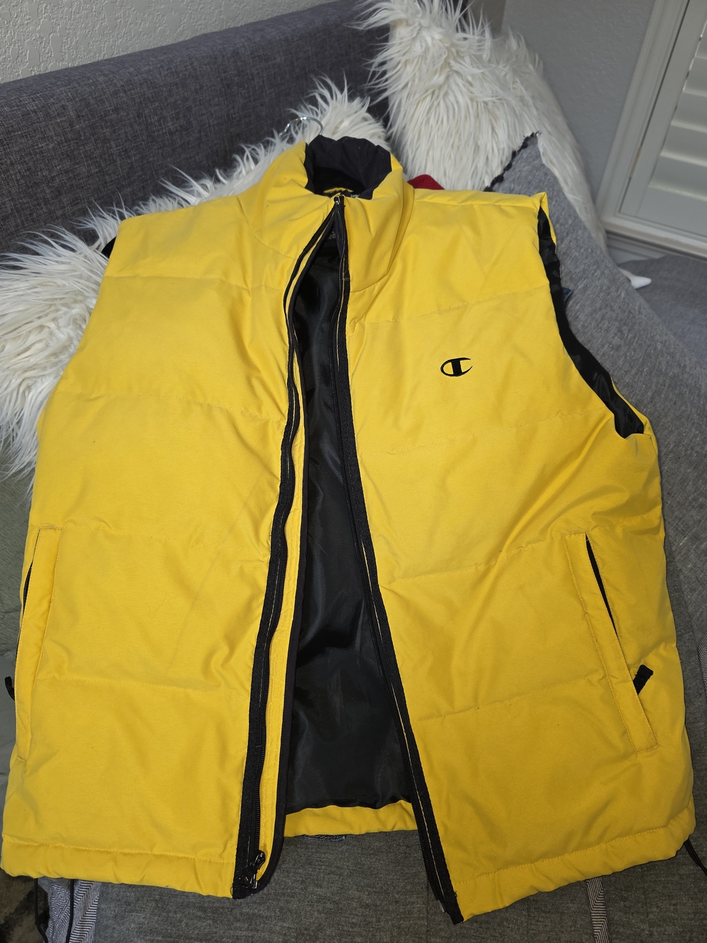 Vintage 90s Champion Yellow Puffer Vest Black Spellout Streetwear